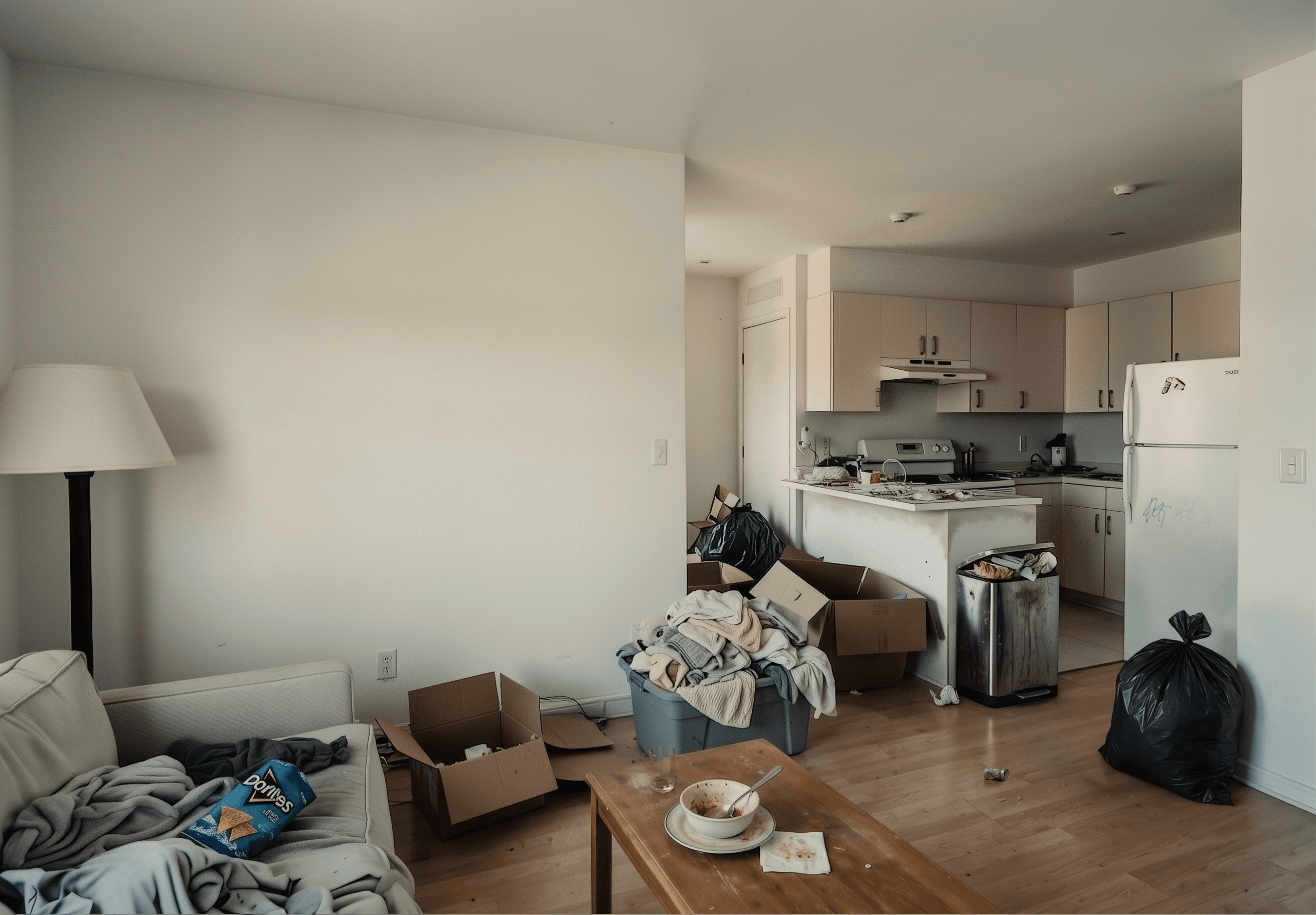 A vacant apartment mid-turnover; move the cursor to reveal it cleaned and staged.